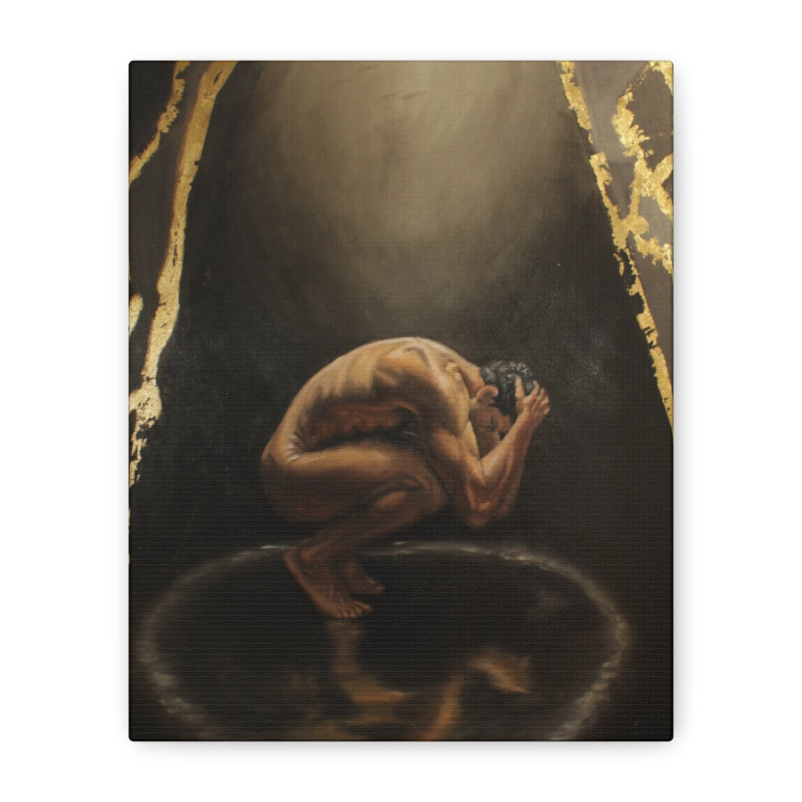 "The Weight Of Being Seen" Figurative Art Print with Gold Accents — Moody Wall Art on Paper or Canvas
