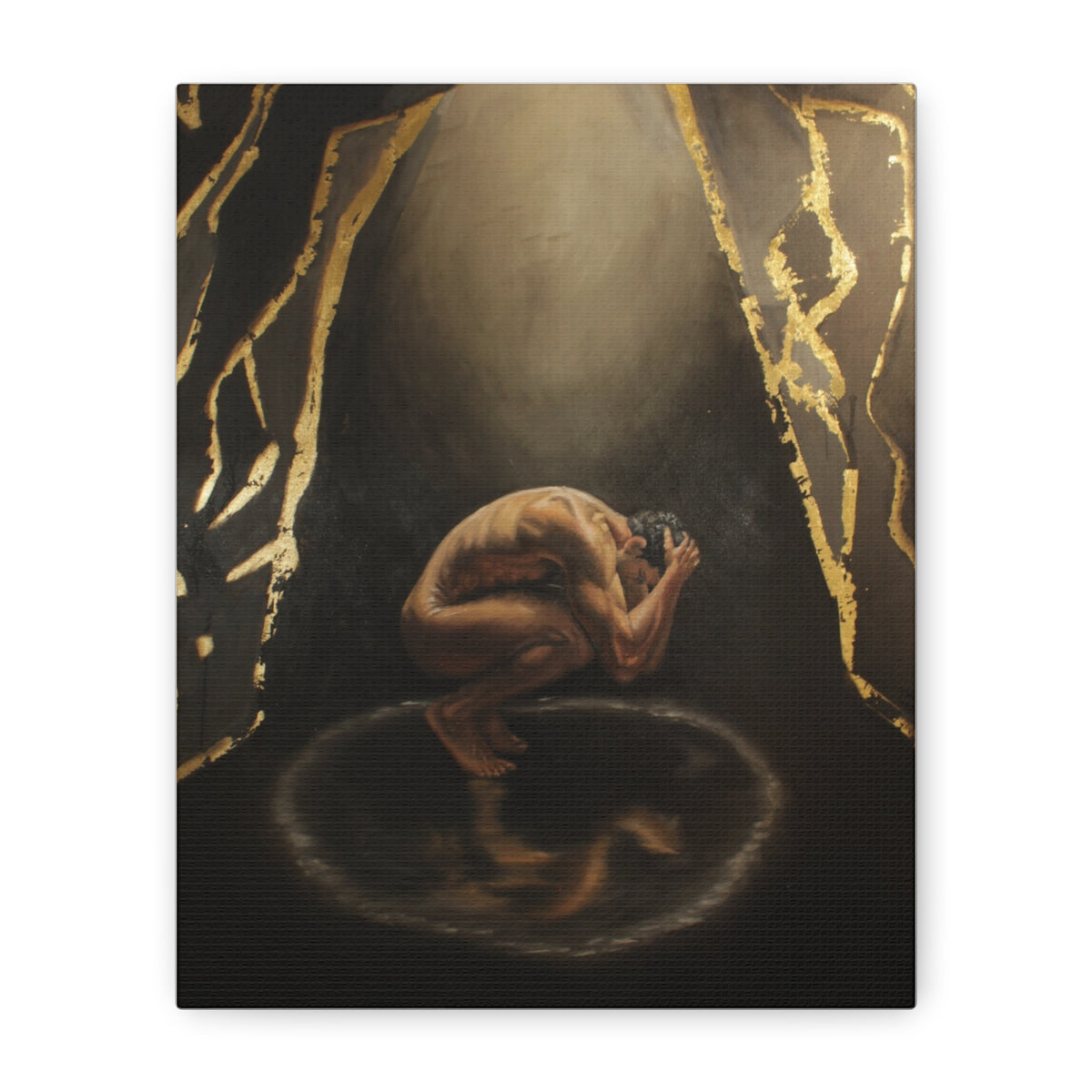 "The Weight Of Being Seen" Figurative Art Print with Gold Accents — Moody Wall Art on Paper or Canvas