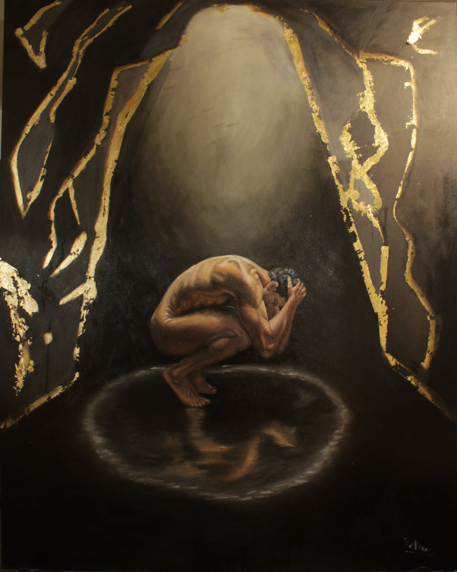 "The Weight Of Being Seen" Figurative Art Print with Gold Accents — Moody Wall Art on Paper or Canvas